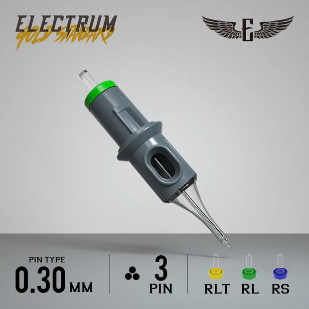 A tattoo needle cartridge with a green cap and gray body, labeled 'ELECTRUM' and specifications 'PIN TYPE 0.30 MM', '3 PIN', 'RLT', 'RL', 'RS'.