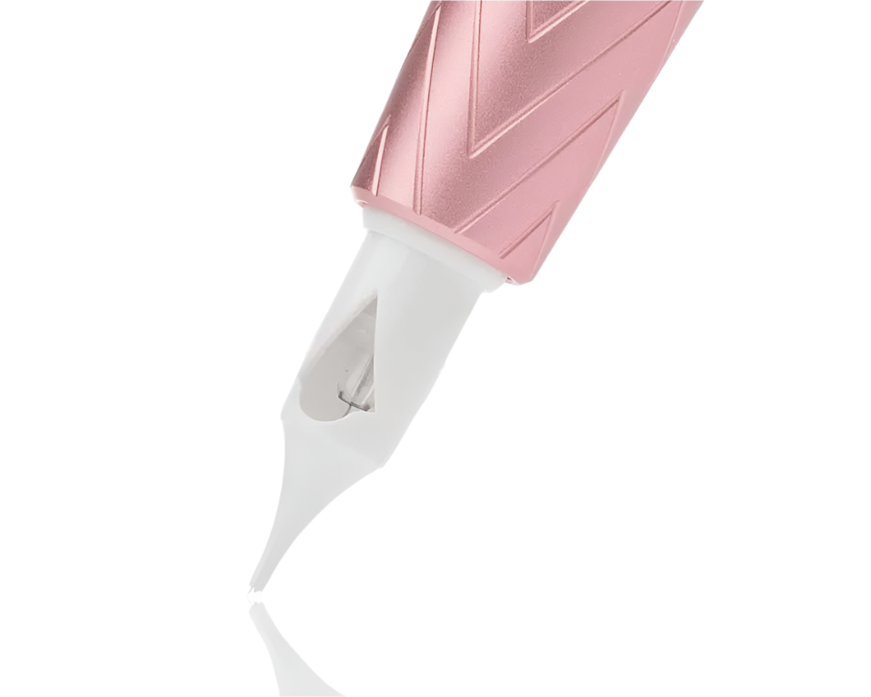 Close-up of a pink and white hair straightener on a white background