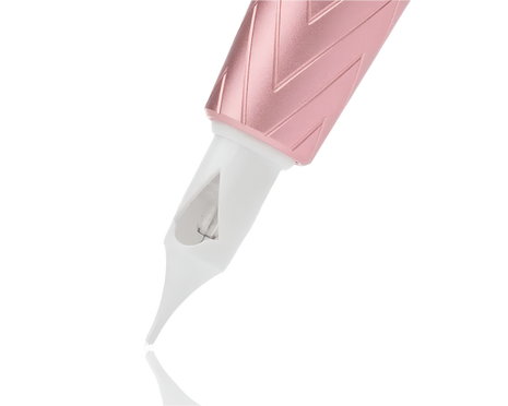 Close-up of a pink and white hair straightener on a white background