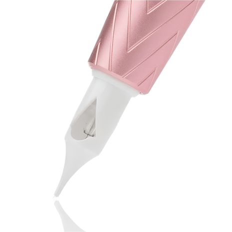 Close-up of a pink and white hair straightener on a white background