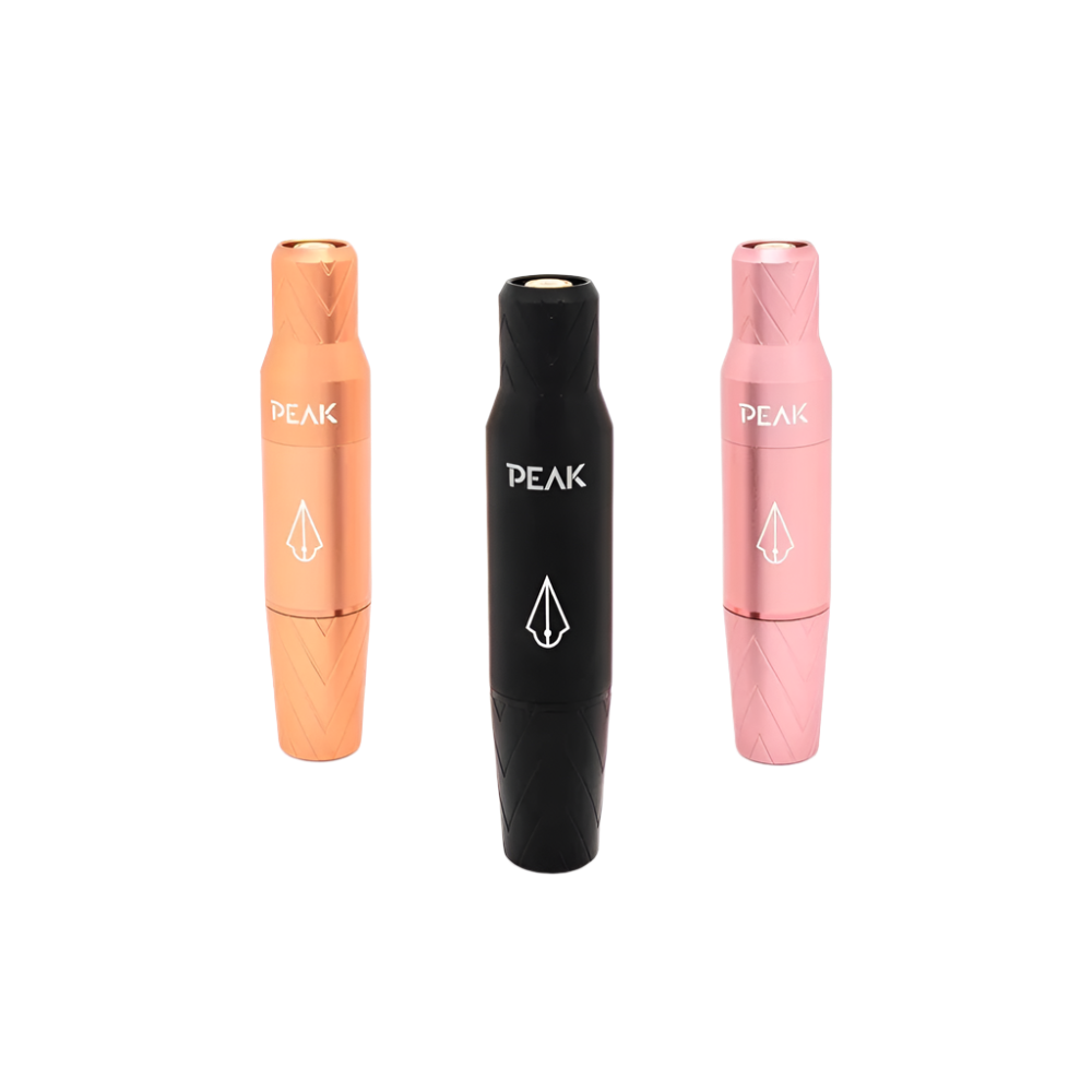Three Peak Elara Pen Permanent Makeup PMU Machines in different colors (Orange, Black, Pink) aligned side by side.