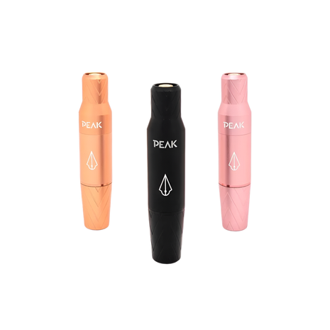 Three Peak Elara Pen Permanent Makeup PMU Machines in different colors (Orange, Black, Pink) aligned side by side.