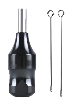 This image displays a professional tattoo grip known as the 25mm Aluminum Cartridge Grip. The grip, crafted from durable 7075 T6 aircraft aluminum and featuring a stainless steel back stem, is designed for compatibility with all conventional coil or rotary machines.