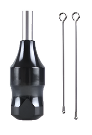 This image displays a professional tattoo grip known as the 25mm Aluminum Cartridge Grip. The grip, crafted from durable 7075 T6 aircraft aluminum and featuring a stainless steel back stem, is designed for compatibility with all conventional coil or rotary machines.