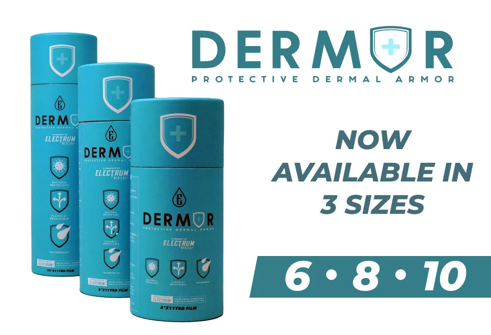 Three rolls of Electrum DERMOR Protective Dermal Armor in different sizes, with the product name and size options (6, 8, 10) prominently displayed.