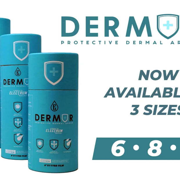Three rolls of Electrum DERMOR Protective Dermal Armor in different sizes, with the product name and size options (6, 8, 10) prominently displayed.