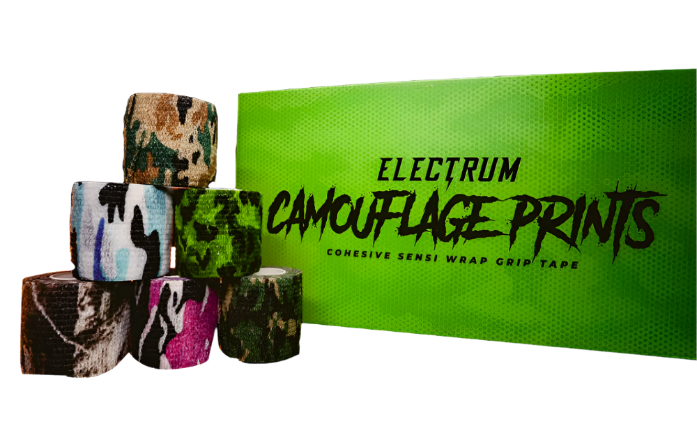 Assorted camouflage print cohesive wrap grip tapes in various colors, packaged in a case with a green background and labeled 'Electrum Camouflage Prints'.