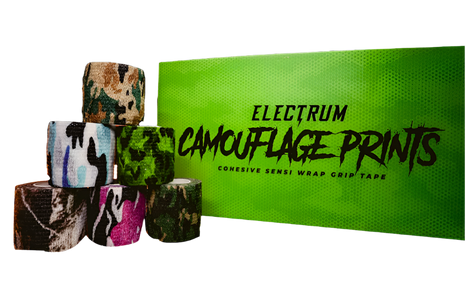 Assorted camouflage print cohesive wrap grip tapes in various colors, packaged in a case with a green background and labeled 'Electrum Camouflage Prints'.