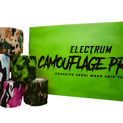Assorted camouflage print cohesive wrap grip tapes in various colors, packaged in a case with a green background and labeled 'Electrum Camouflage Prints'.