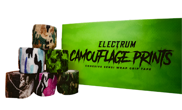 Assorted camouflage print cohesive wrap grip tapes in various colors, packaged in a case with a green background and labeled 'Electrum Camouflage Prints'.