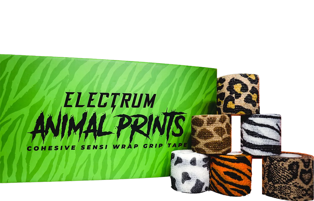 Assorted animal print cohesive wrap grip tapes, including patterns such as cheetah, dalmation, giraffe, snake, tiger, zebra, and electrum camo, displayed on a promotional background with the text 'Electrum Animal Prints Cohesive Sensi Wrap Grip Tape'.
