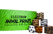 Assorted animal print cohesive wrap grip tapes, including patterns such as cheetah, dalmation, giraffe, snake, tiger, zebra, and electrum camo, displayed on a promotional background with the text 'Electrum Animal Prints Cohesive Sensi Wrap Grip Tape'.