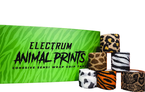 Assorted animal print cohesive wrap grip tapes, including patterns such as cheetah, dalmation, giraffe, snake, tiger, zebra, and electrum camo, displayed on a promotional background with the text 'Electrum Animal Prints Cohesive Sensi Wrap Grip Tape'.