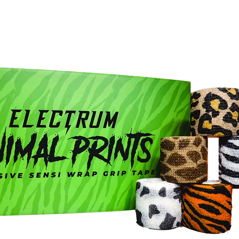 Assorted animal print cohesive wrap grip tapes, including patterns such as cheetah, dalmation, giraffe, snake, tiger, zebra, and electrum camo, displayed on a promotional background with the text 'Electrum Animal Prints Cohesive Sensi Wrap Grip Tape'.
