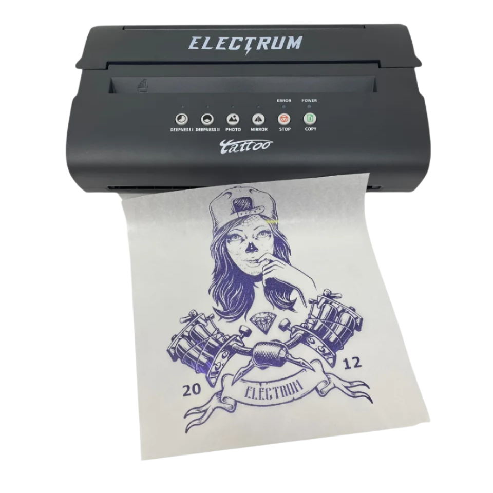 Electrum tattoo printer with a printed design on paper