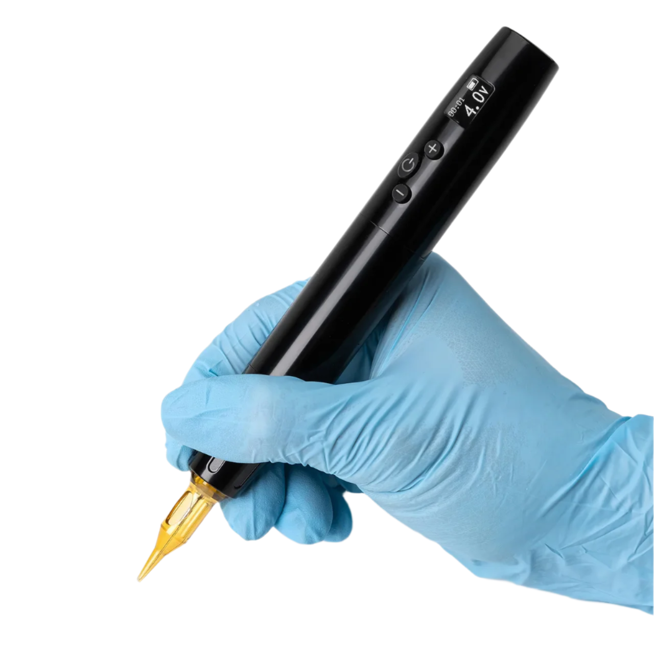 Black tattoo pen held by a hand wearing a blue glove 