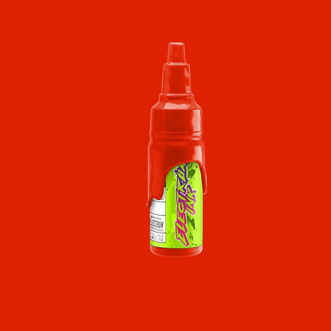 A bottle of Electrum Tattoo Ink in Autumn Blaze color, which is a deep orange leaning towards red, against a red background.