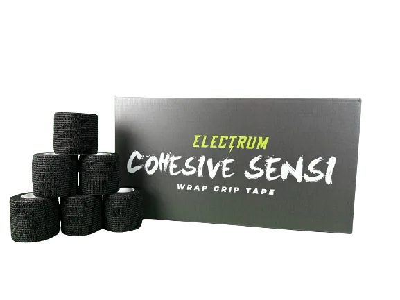 Multiple rolls of black cohesive wrap grip tape with the brand name 'Electrum' displayed on the packaging.