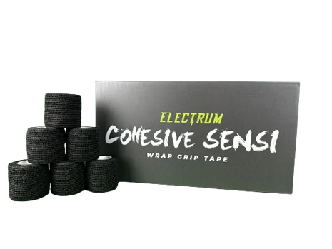 Multiple rolls of black cohesive wrap grip tape with the brand name 'Electrum' displayed on the packaging.