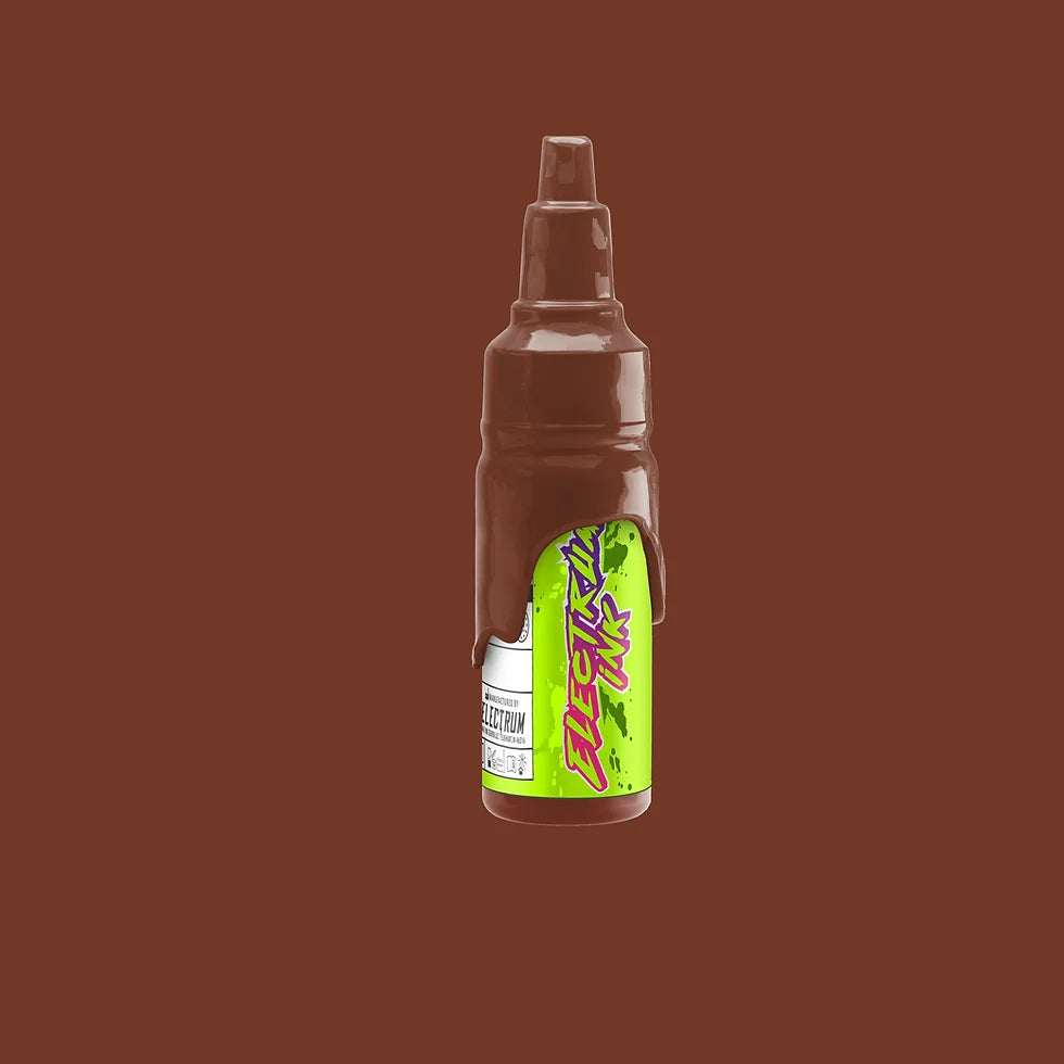 A bottle of Electrum Ink in Barret skin tone, which is a chestnut brown color with soft red undertones, designed for tattooing.