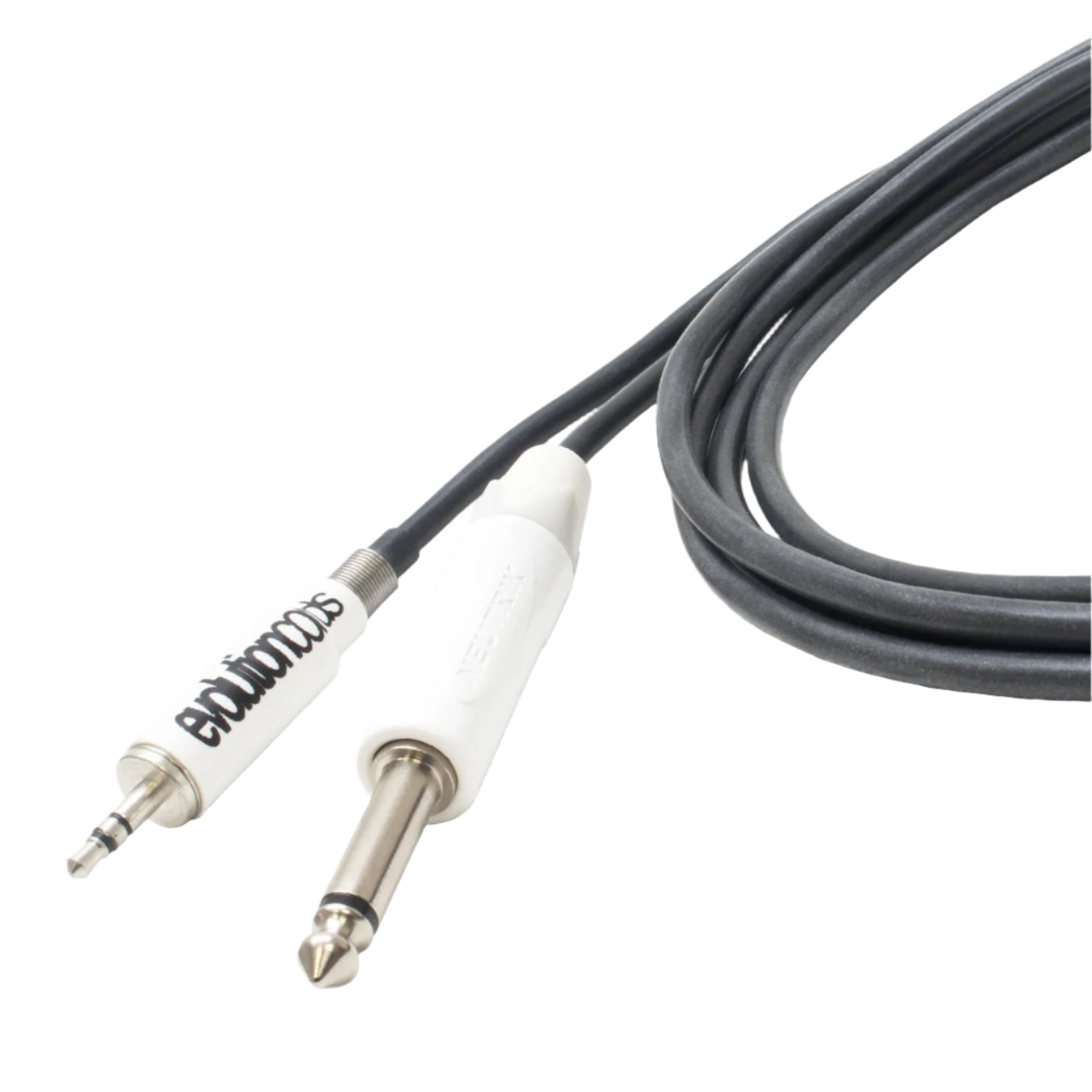 A close-up of a black tattoo cord with a mini jack on one end and a 1/4" jack on the other, both with the brand name 'EVOLUTION' printed on them.