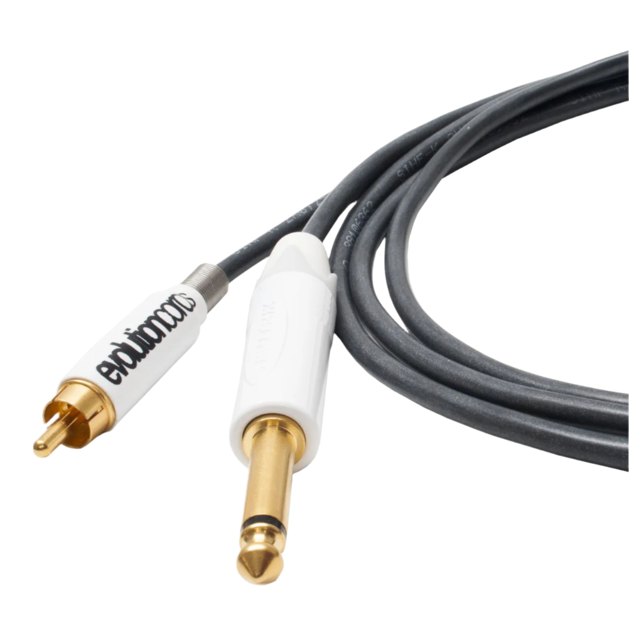 A close-up of the EVOLUTION Straight RCA Tattoo Cord, showing a black silicone jacket with a whiteMedusa logo, and a gold RCA connector next to a 1/4 inch jack.