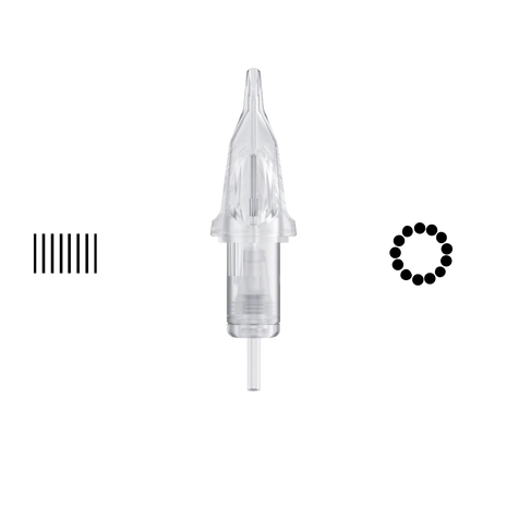 A single tattoo needle cartridge with a clear, pointed tip and a small metal base.