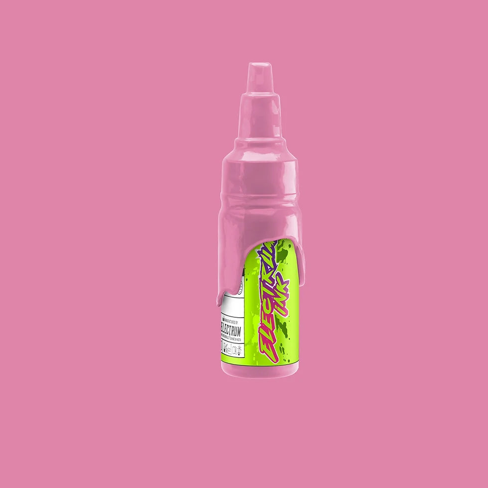 A bottle of Electrum Tattoo Ink in Candy Pink color against a pink background.