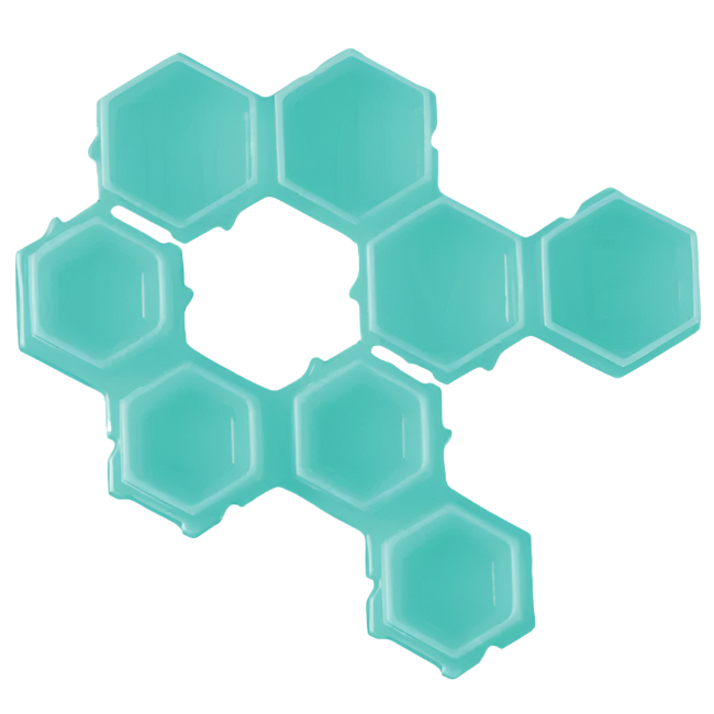 A series of colorful, hive-shaped ink caps in various sizes with ink splatters around, indicating the product is used for tattooing.