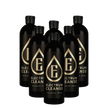 Set of black bottles with gold logo and text on a white background