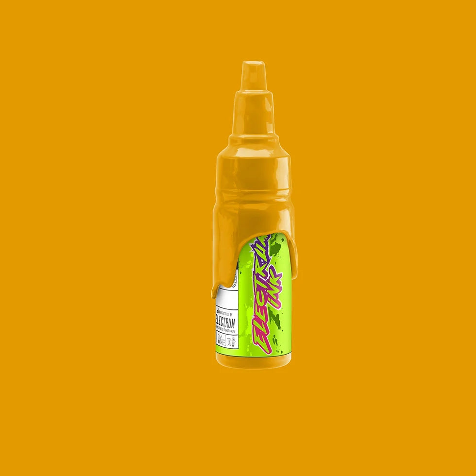 A bottle of Electrum Tattoo Ink in Cheddar color, which is a golden yellow tattoo ink.