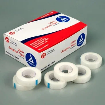 Several rolls of clear surgical tape next to their packaging box, which is also labeled as Dynarex surgical tape.