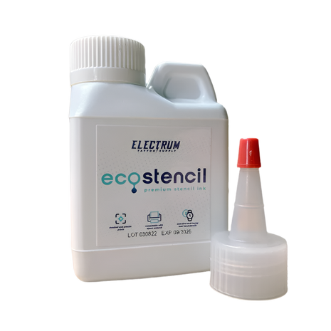 A bottle of Electrum ECO STENCIL Printer Ink  to be used in an epson ecotank printer for printing tattoo stencils

