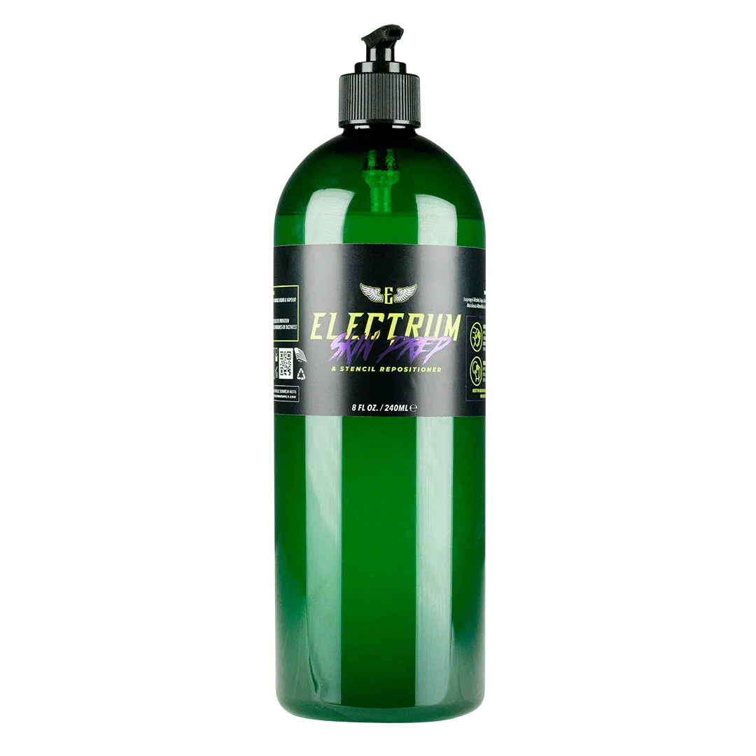A green bottle of Electrum Premium Tattoo Skin Prep and Stencil Repositioner with a pump dispenser