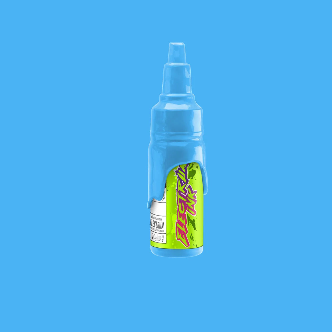 A bottle of Electrum Tattoo Ink in a light pastel sky-blue color, against a blue background.