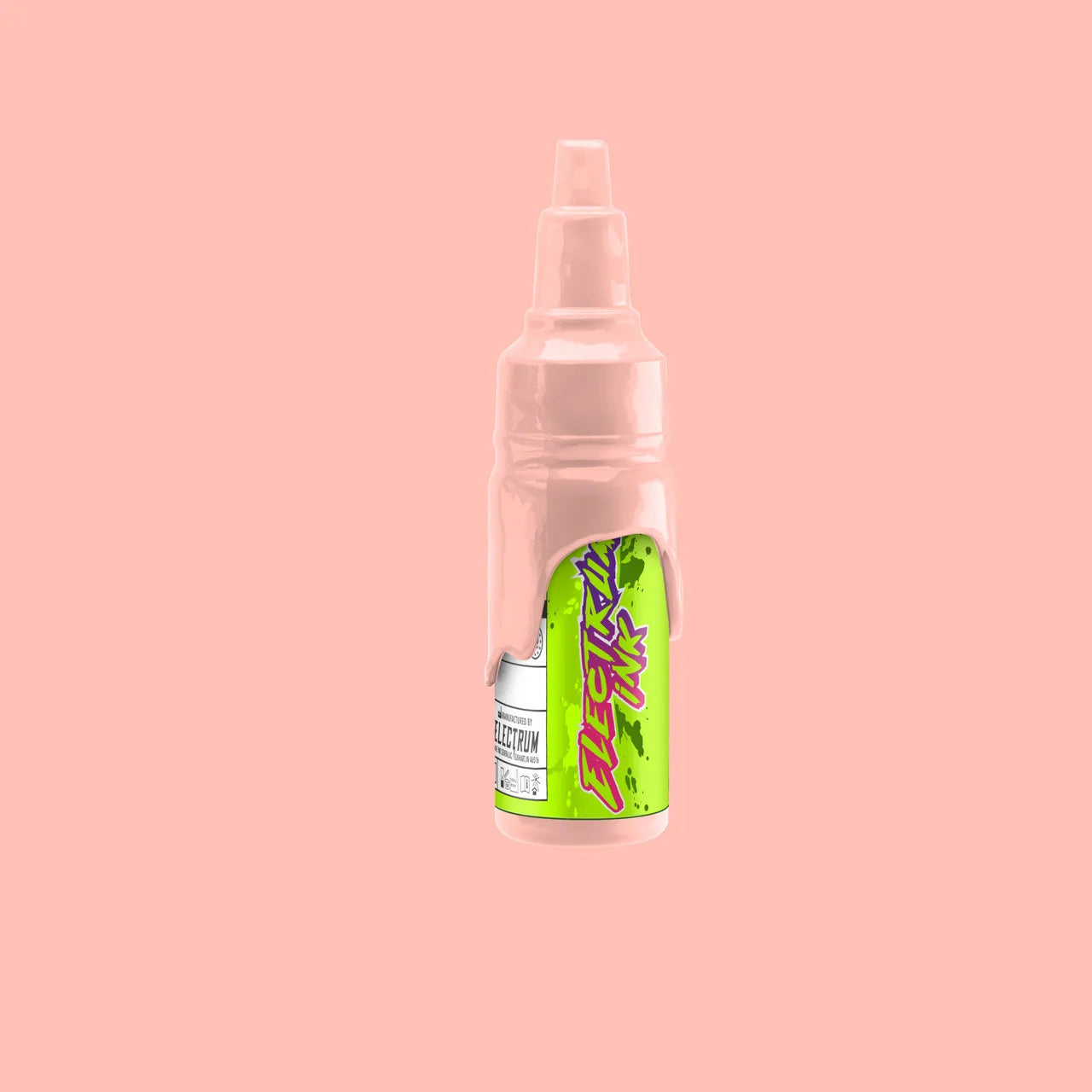 A bottle of Electrum Ink in a pastel pink peach shade, presented against a pink peach background.
