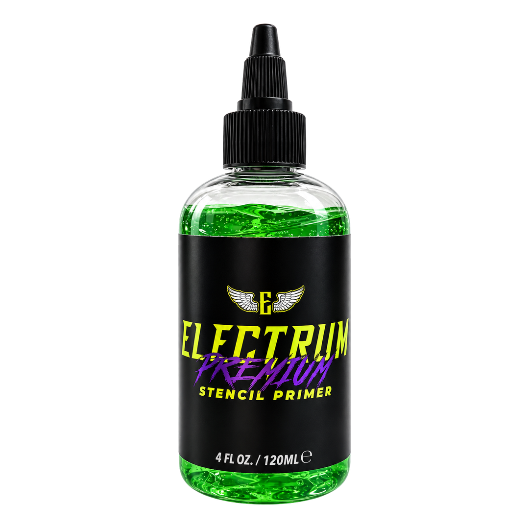 Electrum Premium Tattoo Stencil Primer 4oz bottle, green stencil gel in a 4 FL OZ / 120 mL twist-cap bottle