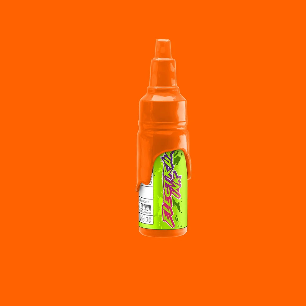 A bottle of Electrum Tattoo Ink in Fox Orange color, placed against an orange background.
