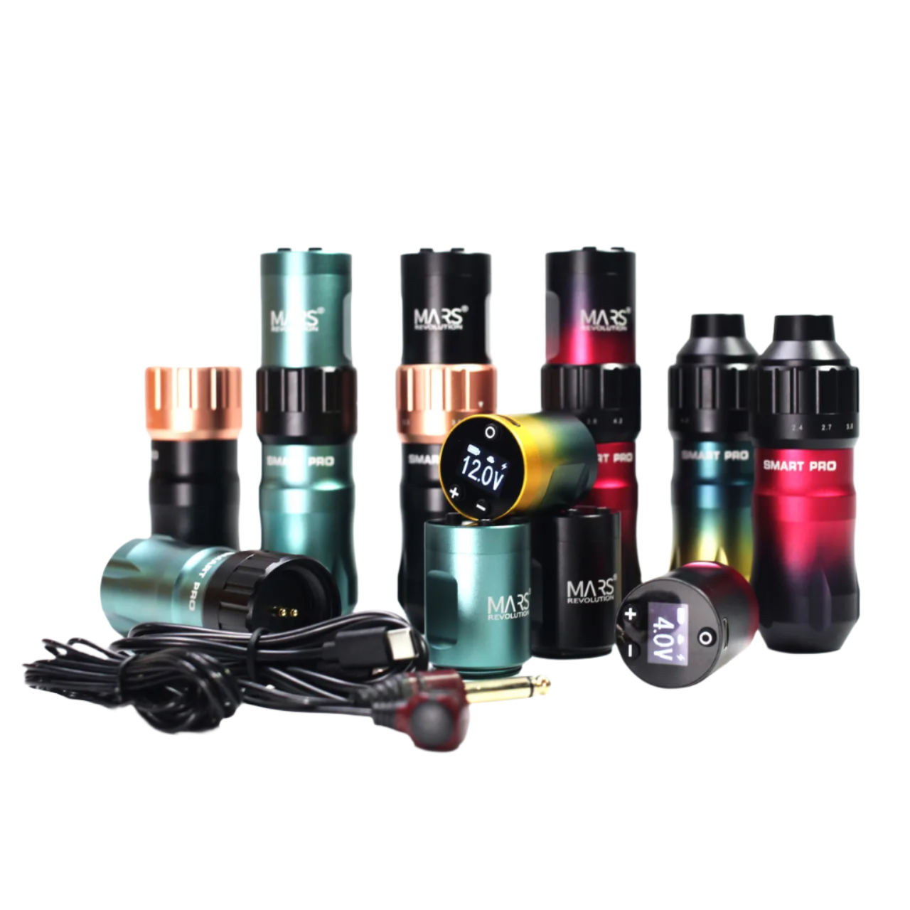 Collection of tattoo machines with various colors and accesories