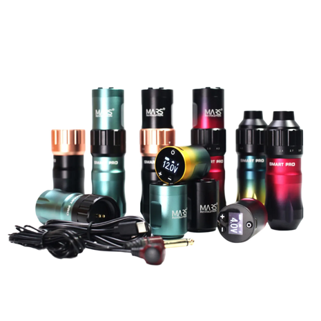 Collection of tattoo machines with various colors and accesories