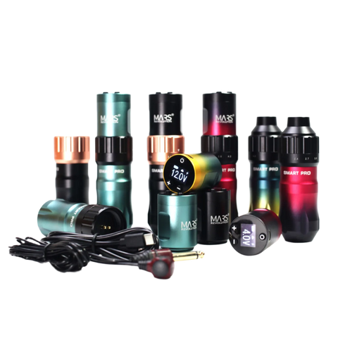 Collection of tattoo machines with various colors and accesories