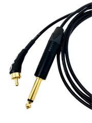 A black tattoo cord with a 45 degree angled RCA connector on one end and a 1/4 inch jack on the other, both with gold-plated surfaces.