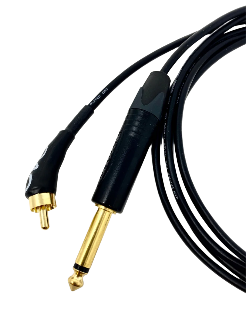 A black tattoo cord with a 45 degree angled RCA connector on one end and a 1/4 inch jack on the other, both with gold-plated surfaces.