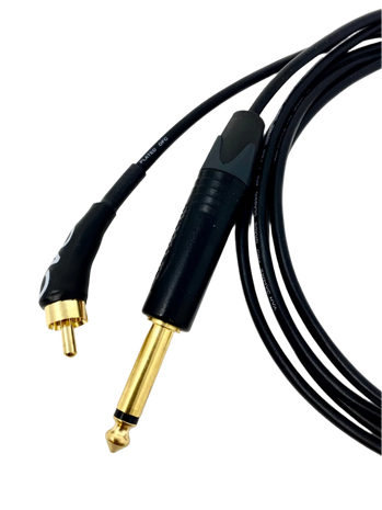 A black tattoo cord with a 45 degree angled RCA connector on one end and a 1/4 inch jack on the other, both with gold-plated surfaces.