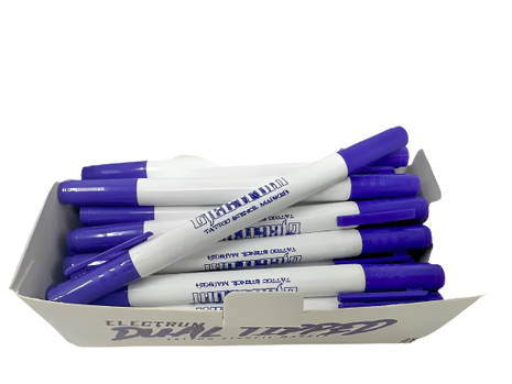 A box of Electrum dual tipped tattoo stencil markers with violet marking ink.