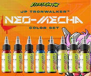 A set of Electrum tattoo inks in various colors, labeled with JP Tronwalker's Neomecha color names such as RX Red, Zaku Light, and Astray Gold Dark, displayed in front of a graphic background featuring a character and text.