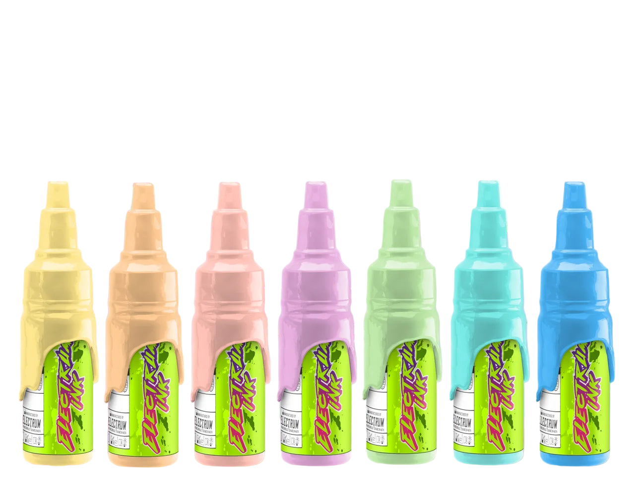 Set of six colorful ink bottles