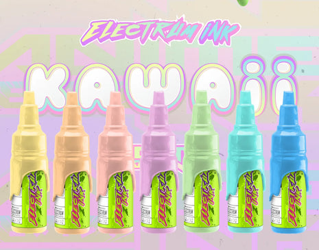 A set of Electrum tattoo inks in various pastel colors, labeled Hoshi, Momo, Sakura, Mochi, Midori, Uwu, Chibi, displayed against a colorful background with the text 'Kawaii'.