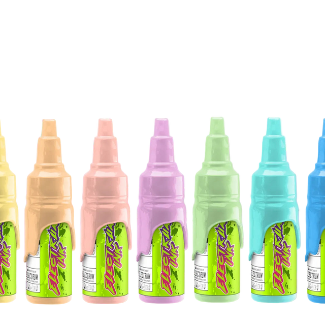 Set of six colorful ink bottles