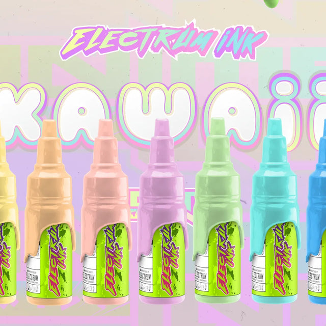 A set of Electrum tattoo inks in various pastel colors, labeled Hoshi, Momo, Sakura, Mochi, Midori, Uwu, Chibi, displayed against a colorful background with the text 'Kawaii'.